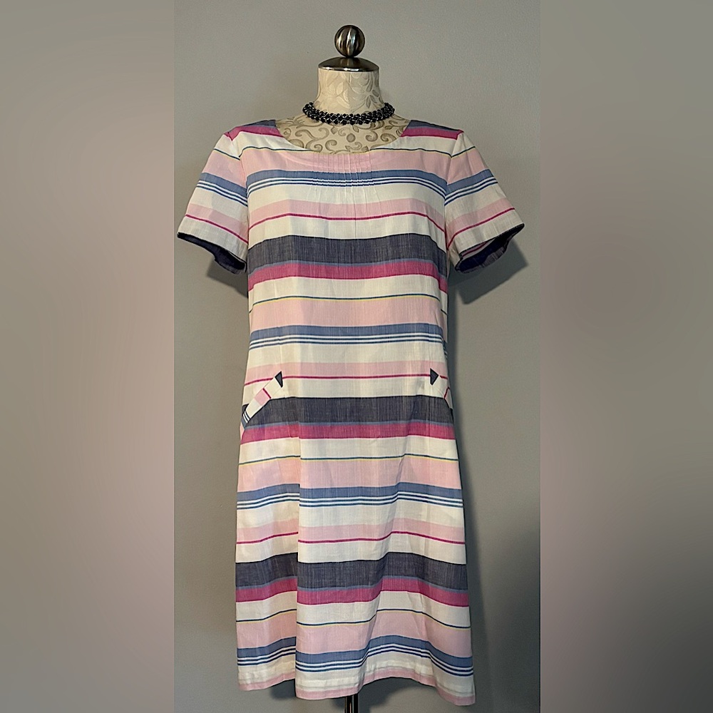 Joules Shift Dress Henrietta Cotton-Lined Linen Blend Zip Up Striped‎ Sz 12. #47